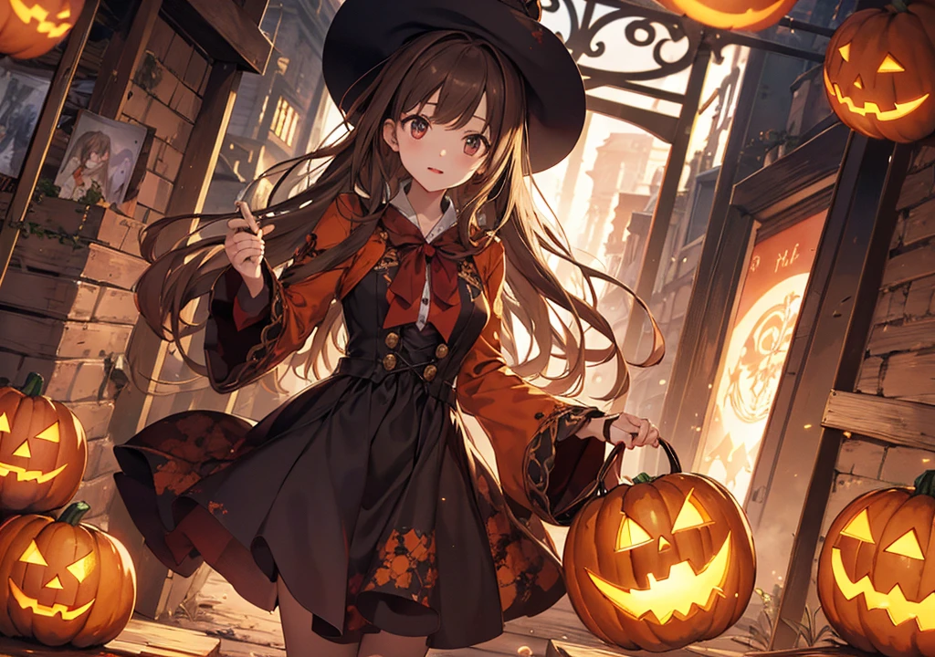 Realistic photos, Focus distance 10mm, Red and white, Beautiful girl, Realistic photos, Shooting at focus distance 10mm, masterpiece, 最high quality, high quality, Very detailed CG 8k wallpaper unit, Award-winning photography, Depth of written boundary, High resolution, bloom, chromatic aberration, Realistic, Very detailed, Art Station Trends, CGsociety Trends, Complex, High detail, dramatic, Art on the go, volumetric lighting, A brown-haired girl unfolds a spellbook at a Disney-style Halloween party, lighting a pumpkin lantern while reading ancient spells. Ghosts float in the background