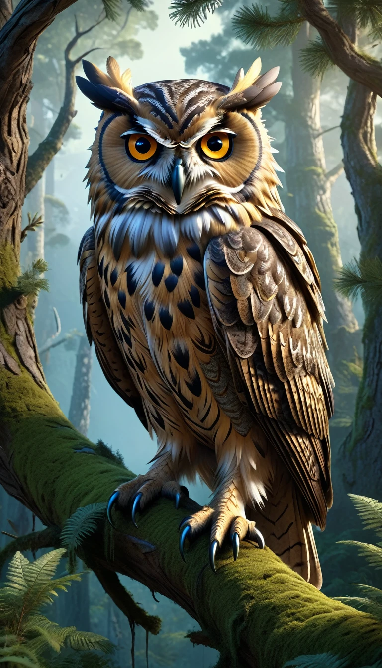 a detailed fantasy landscape, a forest with towering mountains, a large mysterious owl with human-like face and piercing eyes perched on a tree branch, extremely detailed animal features, intricate patterns across its feathers, realistic natural lighting, (best quality,4k,8k,highres,masterpiece:1.2),ultra-detailed,(realistic,photorealistic,photo-realistic:1.37),highly detailed animal,complex patterns,realistic lighting