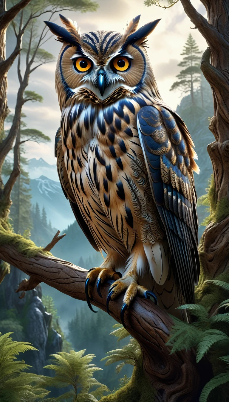 a detailed fantasy landscape, a forest with towering mountains, a large mysterious owl with human-like face and piercing eyes perched on a tree branch, extremely detailed animal features, intricate patterns across its feathers, realistic natural lighting, (best quality,4k,8k,highres,masterpiece:1.2),ultra-detailed,(realistic,photorealistic,photo-realistic:1.37),highly detailed animal,complex patterns,realistic lighting