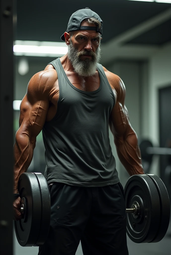 Dark and strong man, at 65 years old, training at the gym. He wears a cap, a tank top and black shorts. In his body he carries a 20-kilo weight plate 