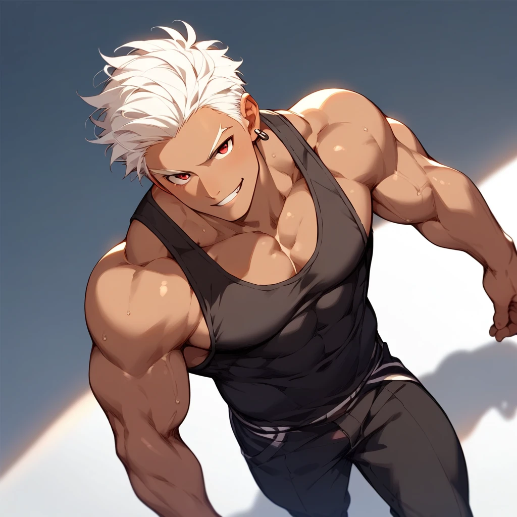 score_9, score_8_up, score_7_up, rating_explicit, source_anime, man, white hair, red eyes, earring, muscular, Black tank top, sexy look, sexy pose, show biceps, grin, above angle