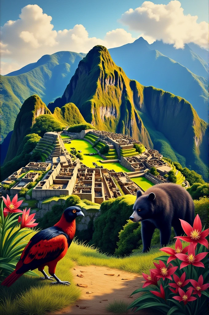 You could incorporate Machu Picchu as a central element in your painting, integrating it with the local fauna and flora. One idea would be to place Machu Picchu in the background, emerging majestically between the mountains, while in the foreground, The cock-of-the-rock and the spectacled bear interact with their natural environment, surrounded by orchids and other typical plants of the region.
You can use a color palette that highlights the majesty of Machu Picchu with golden and green tones, while animals and plants provide vibrant colors that bring the painting to life. In this way, Your work will not only reflect the biodiversity of your locality, but also its cultural and natural wealth, symbolized by the historical wonder of Machu Picchu.
