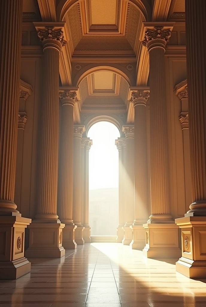 a grand hall with massive doric columns, daylight streaming in from the ceiling, dramatic lighting,intricate details,high quality,photorealistic,cinematic,HDR,studio lighting,physically-based rendering,vivid colors,highly detailed, camera nikon Zfc, Sigma art 18mm. hyperrealism, kodak film
