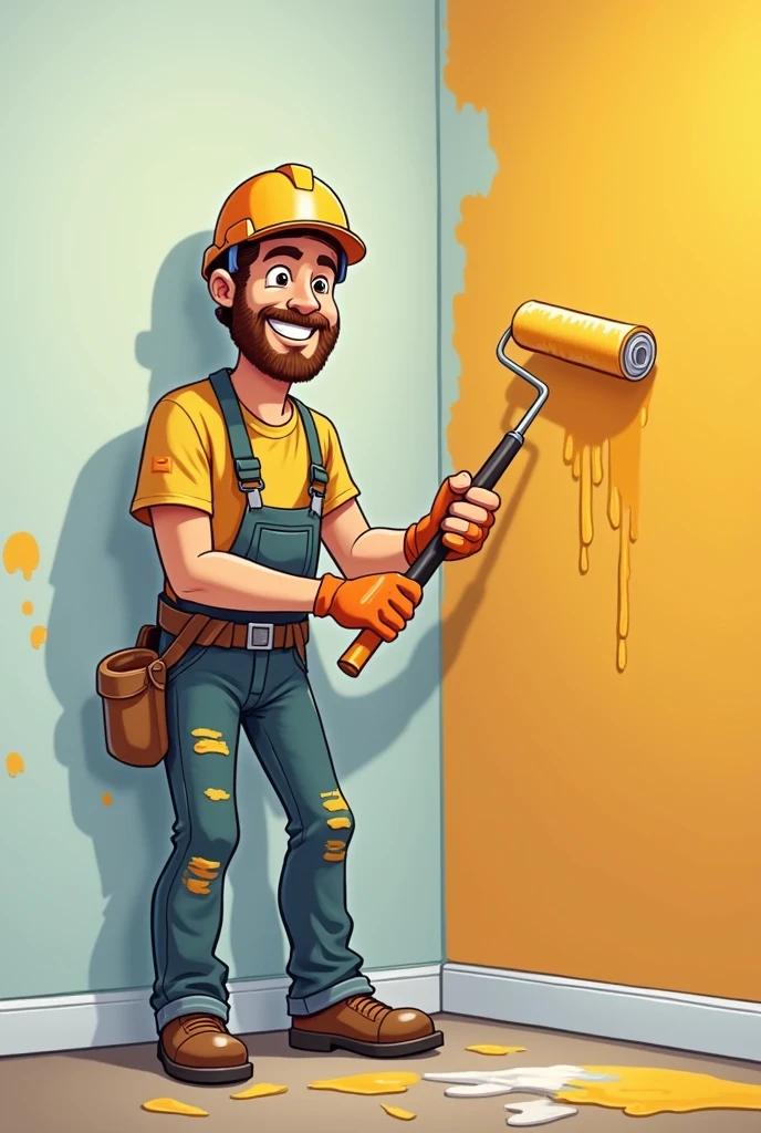 Man painting wall with roller and PPE, with paint-stained clothes and smiling cartoon logo