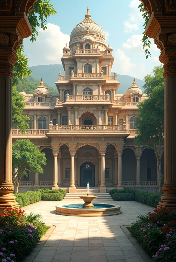 3-storey building with elegant Hindu style architecture with fountain in an open interior garden, well lit, wide in width