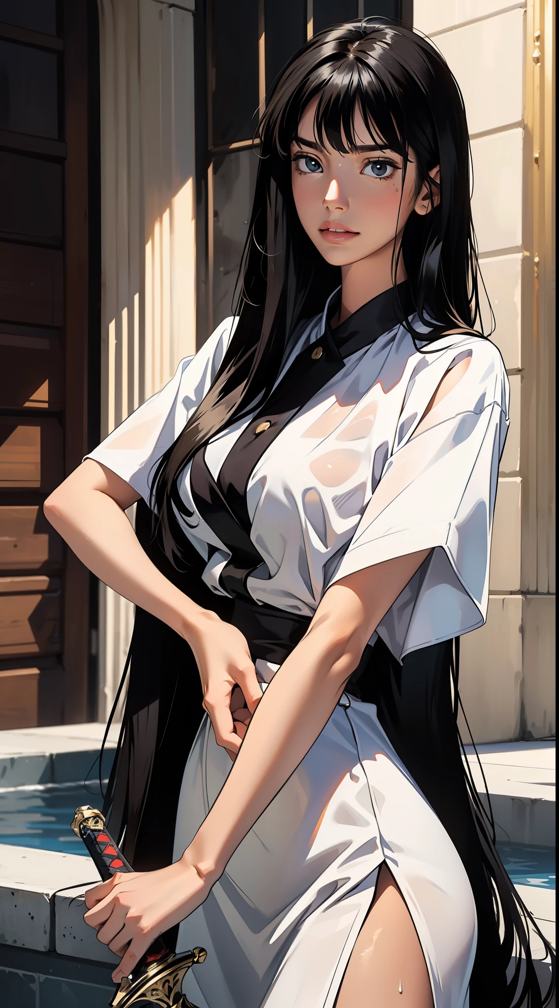 (best quality: 1.2), clean face, (masterpiece: 1.2, 8k) perfect anatomy, 1girl,a beautiful fashion model ,(masterpiece, official art, best quality ,long and shiny hair,, ,Bigchest,Revealing Outfit, Wet straight hair, Sweating profusely,best qualtiy,,,ultra - detailed,facing at camera,A high resolution,ultra - detailed),Very long hair,Combat posture,Sword in one hand, blunt bangs