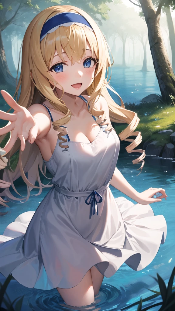 masterpiece, best quality, highres, aacecilia, long hair, curly hair, drill hair, blue hairband, casual, dress, sundress, forest, reaching out, partially submerged, standing, water, smile, open mouth,