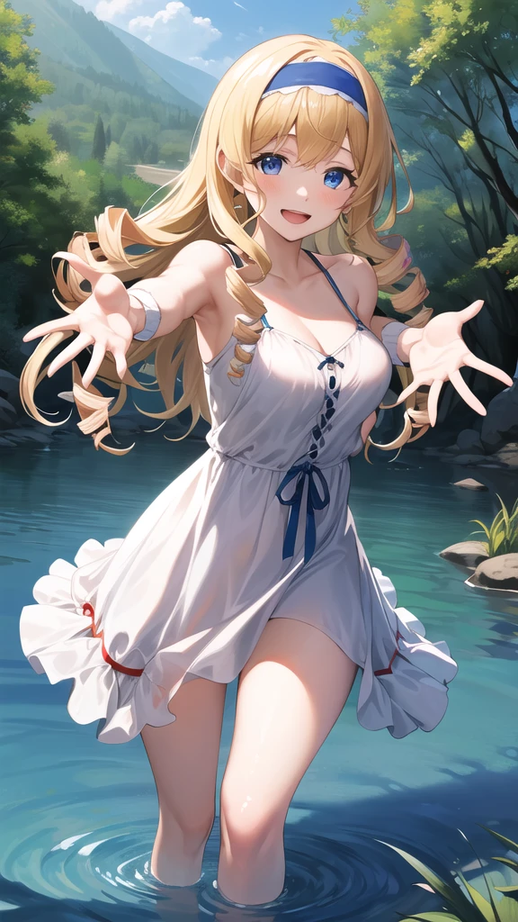 masterpiece, best quality, highres, aacecilia, long hair, curly hair, drill hair, blue hairband, casual, dress, sundress, forest, reaching out, partially submerged, standing, water, smile, open mouth,