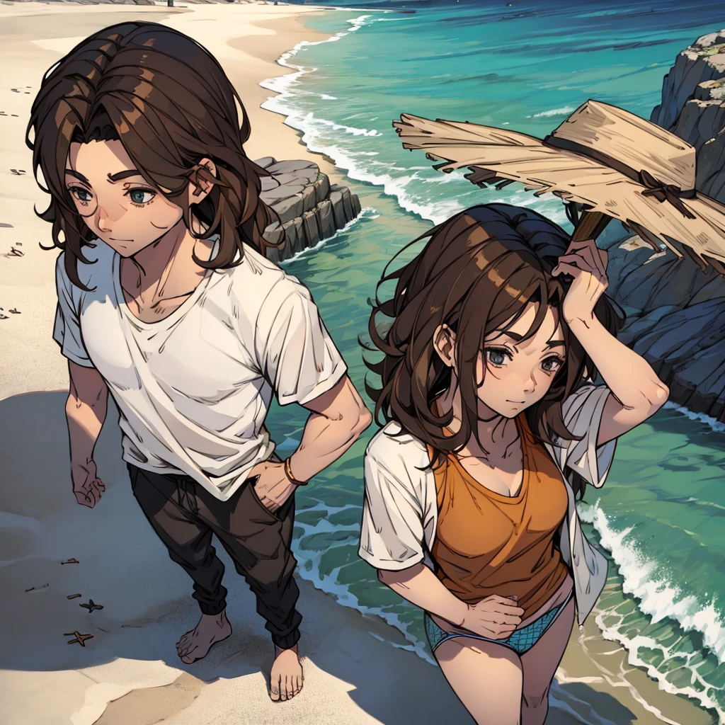 A beach man with a shirt, brownhair, fully body