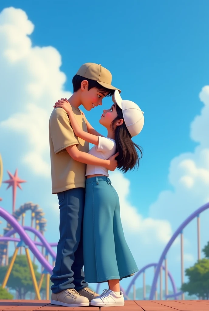 Pixar-style cover, Girl with a short white shirt that reaches her navel, she also wears long, wide blue pants and white sneakers, she also wears a white cap with her loose hair that reaches her waist. Next to her she will hug the boy who is hugging her waist above her shoulders. The boy is taller than her. They both look at each other intently and he will wear a beige shirt and cap., and very dark blue pants down to the ankles and white shoes, In the background there will be a blue sky with white clouds, in the distance you will see a purple and blue roller coaster and on the other side in the distance you will see a tree