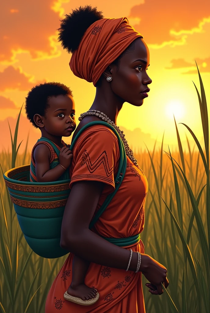 Une femme africaine portant son enfant Au dos sur le chaud soleil et déterminant ça passion dans le l'agriculture