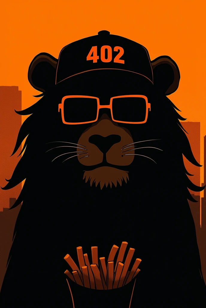 silhouette of only the front face of an animated lion with urban flow with completely dark square glasses and a backwards cap that transmits appetite with orange and black colors and on the cap put 402 showing only the silhouette of the face making with some French fries