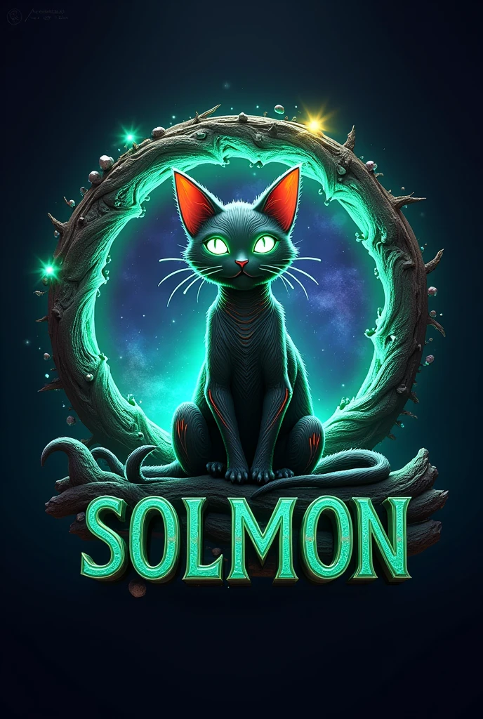 Design a 3D stylized logo for 'SOLMON - Solana Monsters,' featuring a cosmic-infused cat character as the central emblem. The cat should be depicted as a sleek, mystical creature with a body that reflects the cosmic and space elements, incorporating swirling patterns and glowing accents in shades of green and blue, aligned with the Solana theme.

Central Emblem: The cosmic cat should be prominently featured in the center of the logo, with a design that incorporates elements of the cosmos—such as stars, nebulae, and ethereal light trails—within its form. The character's eyes should glow with a bright, intense light, symbolizing its otherworldly connection and power.

Background Elements: Surround the cat character with a circular border that incorporates cosmic textures and space-themed elements, such as distant galaxies, star clusters, and subtle light flares. The background should complement the cat's design, using deep blues, purples, and greens, with glowing accents to create a cohesive and visually stunning effect.

Typography and Details: The text 'SOLMON' should be integrated into the design, using bold, rounded typography that feels both futuristic and adventurous. Add subtle glowing accents and digital elements around the text and emblem, enhancing the cosmic and mystical vibe of the logo. Ensure the overall design is clean, balanced, and visually striking, making it suitable for branding and easily recognizable.