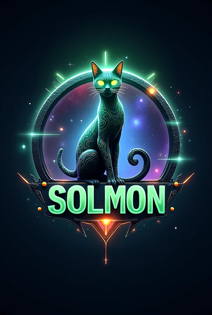 Design a 3D stylized logo for 'SOLMON - Solana Monsters,' featuring a cosmic-infused cat character as the central emblem. The cat should be depicted as a sleek, mystical creature with a body that reflects the cosmic and space elements, incorporating swirling patterns and glowing accents in shades of green and blue, aligned with the Solana theme.
Central Emblem: The cosmic cat should be prominently featured in the center of the logo, with a design that incorporates elements of the cosmos—such as stars, nebulae, and ethereal light trails—within its form. The character's eyes should glow with a bright, intense light, symbolizing its otherworldly connection and power.
Background Elements: Surround the cat character with a circular border that incorporates cosmic textures and space-themed elements, such as distant galaxies, star clusters, and subtle light flares. The background should complement the cat's design, using deep blues, purples, and greens, with glowing accents to create a cohesive and visually stunning effect.
Typography and Details: The text 'SOLMON' should be integrated into the design, using bold, rounded typography that feels both futuristic and adventurous. Add subtle glowing accents and digital elements around the text and emblem, enhancing the cosmic and mystical vibe of the logo. Ensure the overall design is clean, balanced, and visually striking, making it suitable for branding and easily recognizable.