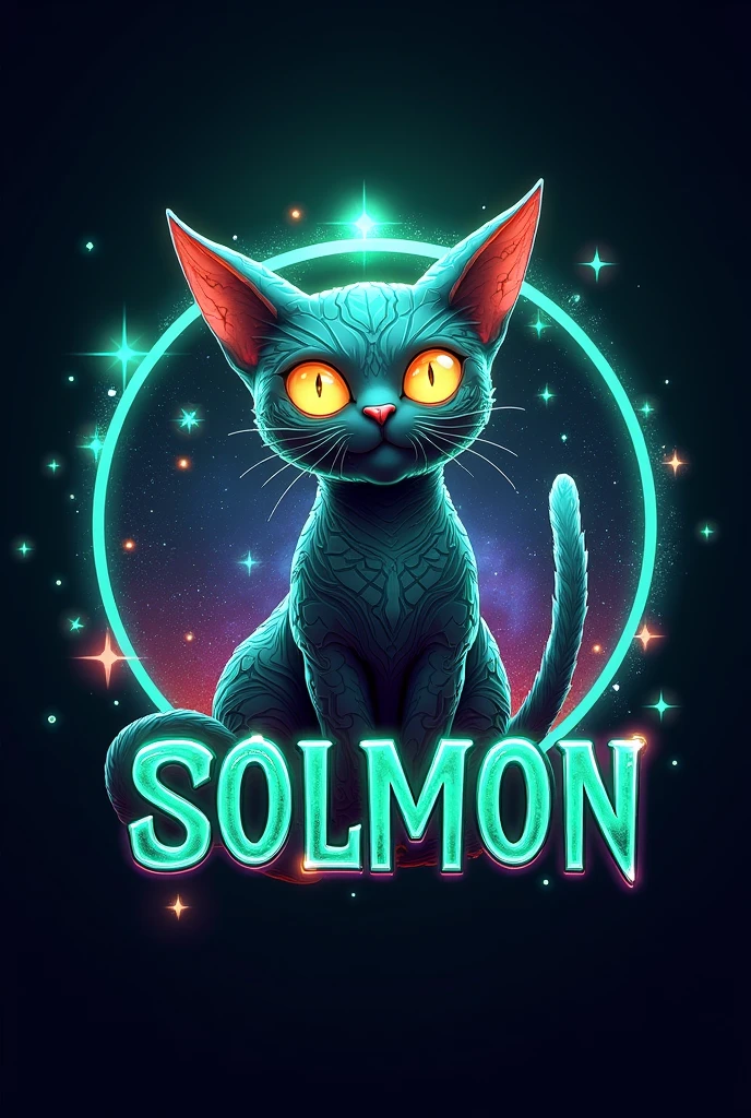 Design a 3D stylized logo for 'SOLMON - Solana Monsters,' featuring a cosmic-infused cat character as the central emblem. The cat should be depicted as a sleek, mystical creature with a body that reflects the cosmic and space elements, incorporating swirling patterns and glowing accents in shades of green and blue, aligned with the Solana theme.

Central Emblem: The cosmic cat should be prominently featured in the center of the logo, with a design that incorporates elements of the cosmos—such as stars, nebulae, and ethereal light trails—within its form. The character's eyes should glow with a bright, intense light, symbolizing its otherworldly connection and power.

Background Elements: Surround the cat character with a circular border that incorporates cosmic textures and space-themed elements, such as distant galaxies, star clusters, and subtle light flares. The background should complement the cat's design, using deep blues, purples, and greens, with glowing accents to create a cohesive and visually stunning effect.

Typography and Details: The text 'SOLMON' should be integrated into the design, using bold, rounded typography that feels both futuristic and adventurous. Add subtle glowing accents and digital elements around the text and emblem, enhancing the cosmic and mystical vibe of the logo. Ensure the overall design is clean, balanced, and visually striking, making it suitable for branding and easily recognizable.