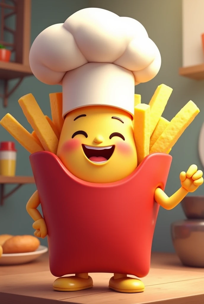 A smiling French fries with an animated chef hat