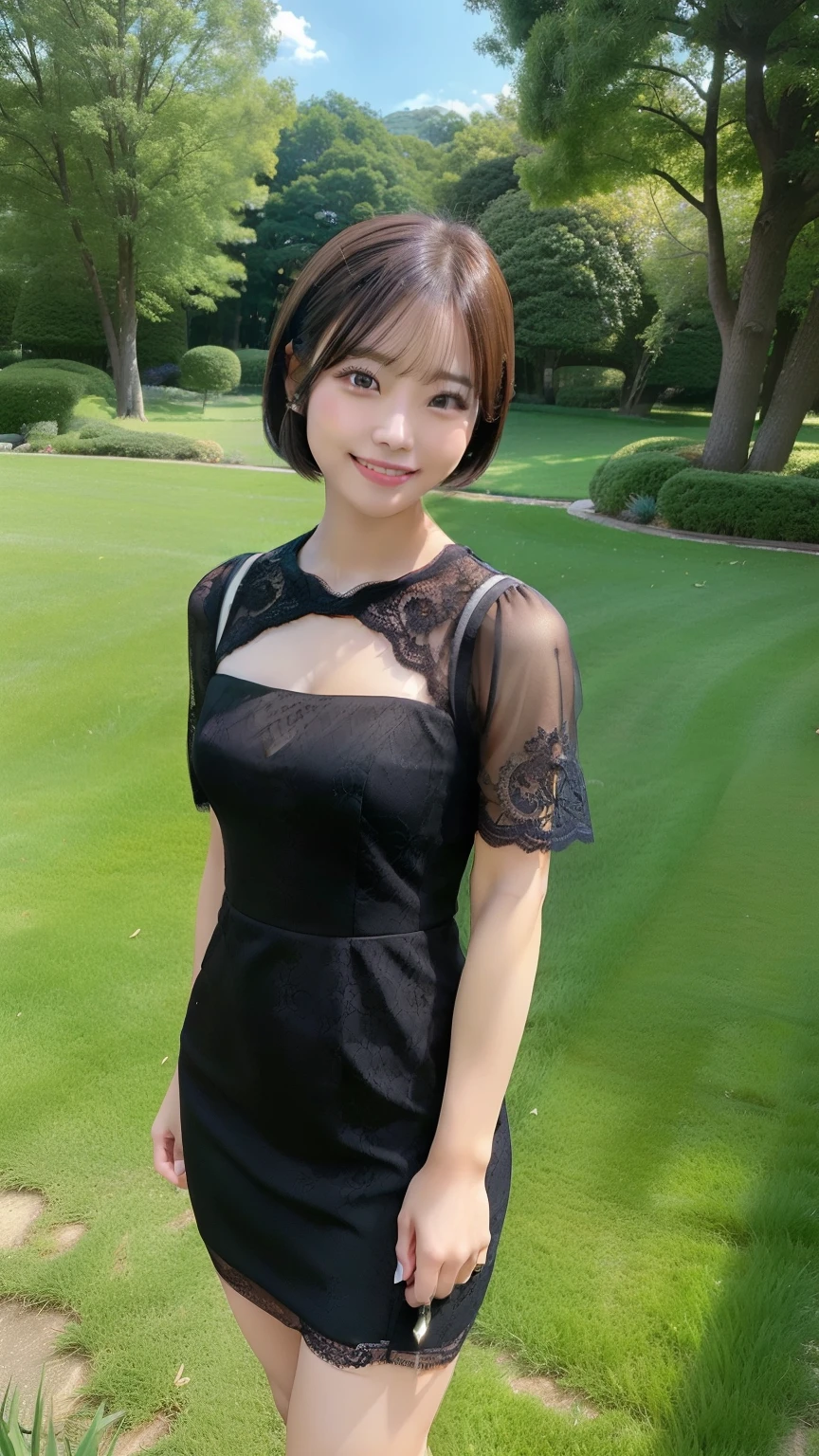 (8k, Highest quality, Masseter region, Ultra-high resolution:1.2),Japanese women photos, ((cute)),（short hair）,, black tight lace dress, smile, Standing in the grass,
