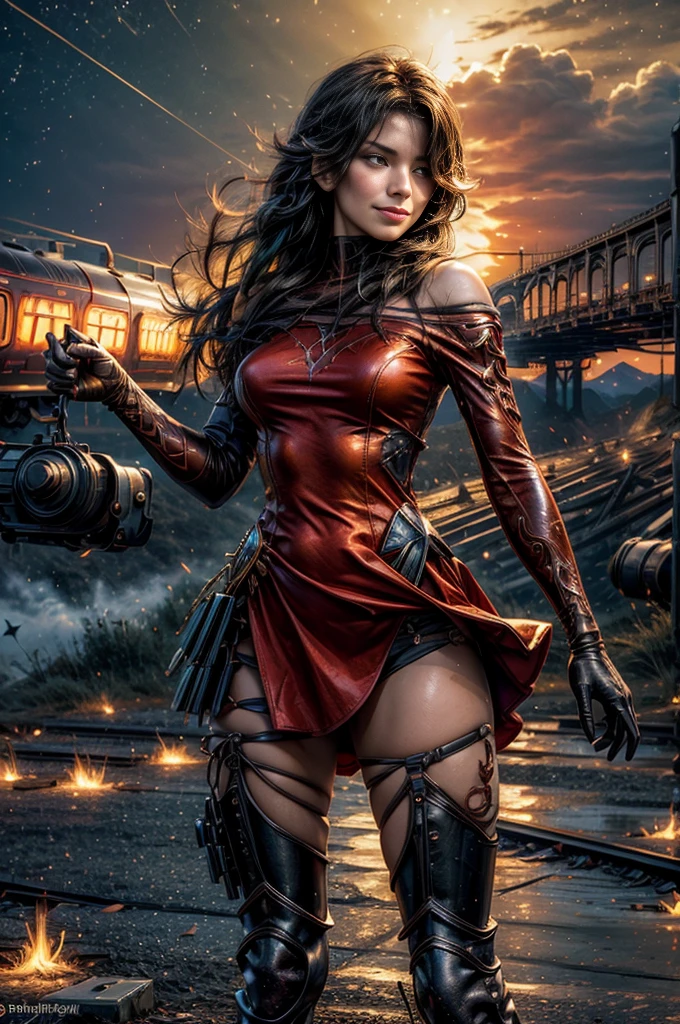 (masterpiece, best quality:1.2), cowboy shot, solo, 1girl, cinder fall, looking at viewer, long hair, red dress, elbow gloves, pantyhose, dynamic pose, next to wrecked bridge, wrecked train, holding fire, night, stars, closed mouth, evil smile, post-apocalypse, dystopian future  crowd, (volumetric lighting), sharp focus, hyper detailed 