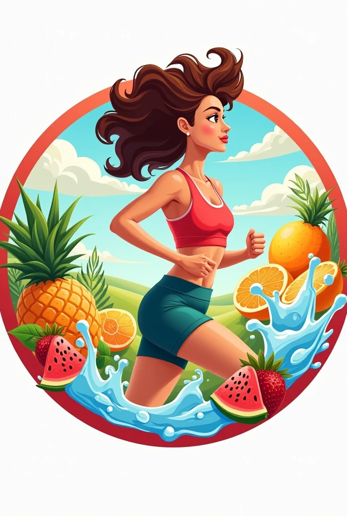 Circular logo of the name Frutimar. 
That has fruit, ice-cold juices and a sporty woman with brown curly hair