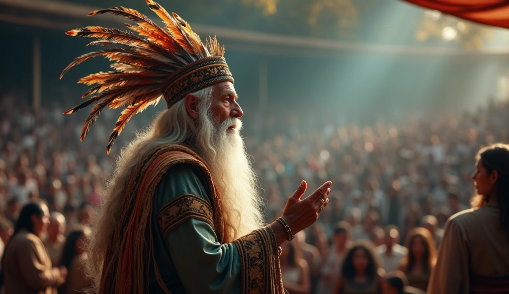 A tlamatinixti that stands out too much for his bearing with a crown of feathers on his head, With long white hair and on a stage, giving his tlamatinixtli to many people standing around, blurred but one man is clearly visible.