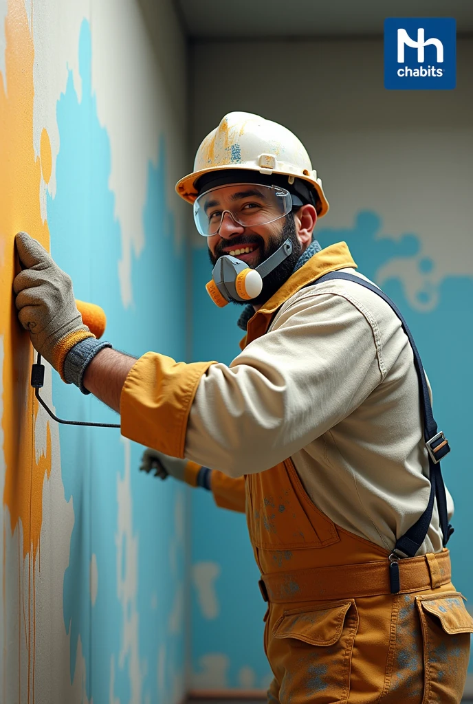 Man painting wall with roller and PPE, with paint-stained clothes and smiling logo