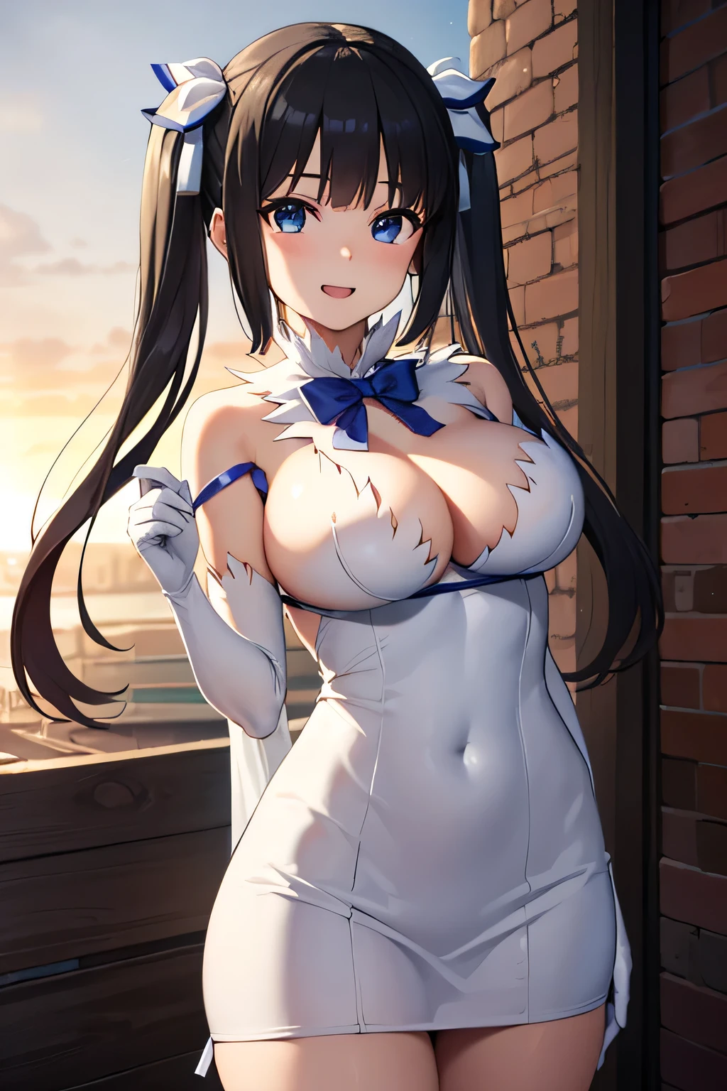 Dhammati hestia, hestia, blue eyes, black fur, twin tails, open the mouth, smile, Rest barefoot, blue ribbon, blue bow tie, bow, bow tie, neckline, neckline cutout, clothing scraps, dress, gloves, ペンシルdress, (Rei no himo:1.5), (prominent bust:1.5), 短いdress, White dress, 白いgloves, rest outdoors, city, REST looking at the viewer, (cowboy shot:1.5), BREAK (mesa:1.2), of the highest quality, High resolution, unity wallpaper 8k, (cipher:0.8), (Beautiful attention to detail:1.6), Very detailed face, perfect lighting, Very detailed CG, (perfect hands, perfect anatomy),