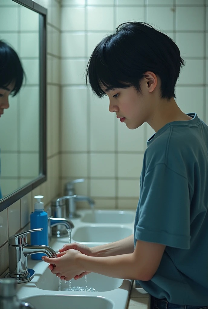 Teenager turning off the tap after washing his hands at the institution 

