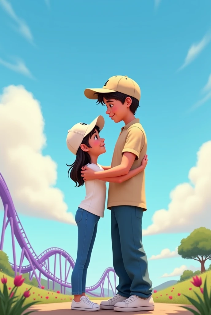 Pixar-style cover, Girl with a short white shirt that reaches her navel, she also wears long blue pants and white sneakers, she also wears a white cap with her loose hair that reaches her waist, next to her she will hug the boy who is hugging her waist above her shoulders, the boy is taller than her, they both look at each other fixedly and he will wear a beige shirt and cap, and very dark blue pants down to the ankles and white shoes, In the background there will be a blue sky with white clouds, in the distance you will see a purple and blue roller coaster and on the other side in the distance you will see a tree
