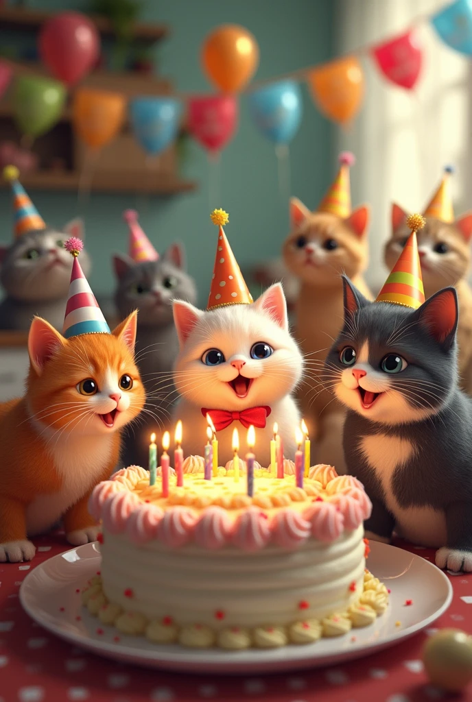 A cake with cats celebrating their birthday and happy birthday