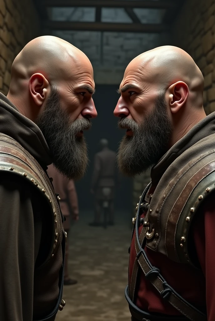 A man says to another bald man "what did you say?" In Medieval style