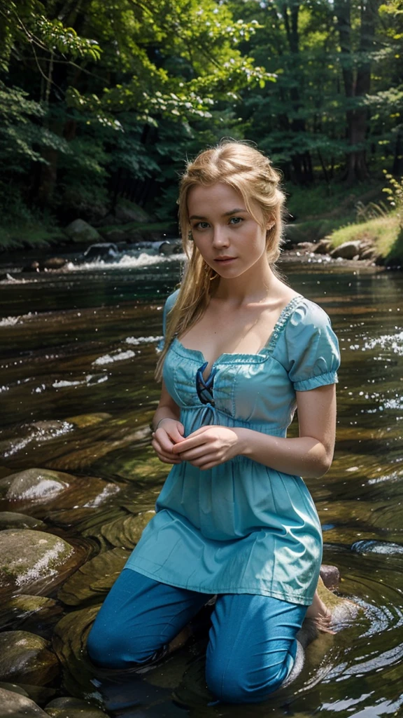 14yo European blond girl in deep pit trap in forest sitting, naked, runner's body, cute, view from above, realistic photo, dirty skin, deep hole, can't escape, exposed butt, detailed skin texture, messy dirty hair