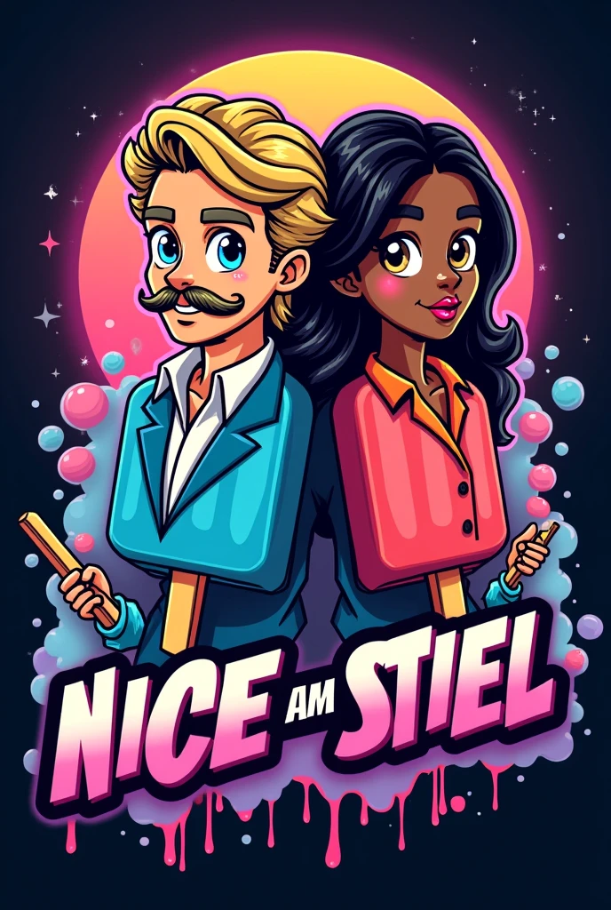 I need a significant logo for a YouTube channel which contains topics like movies, action figures, cosplays, video games and pop culture. the name of channel is NICE AM STIEL which is a german pun for a popsicle which means EIS AM STIEL in german. please visualize a proper logo with the likeness of a popsicle and everything I mentioned in the description. Be sure that the logo looks like two 80's characters like the main protagonists from MIAMI VICE - made them out of popsicle, one Man has a mustache, a Mullet and a light skin tone and the other Man has slightly longer black hair and a brown skin tone but most importantly the Logo as to feature the name NICE AM STIEL put the Names "Randy Paradise & Corey Walkman" above that characters