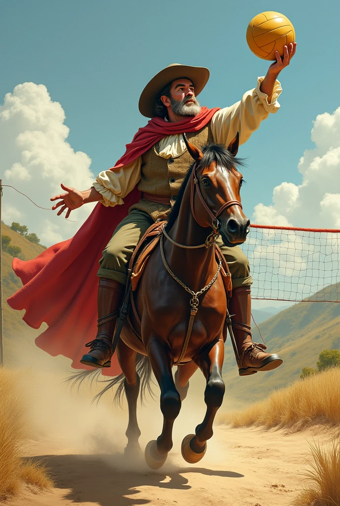 Don Quixote sitting on Sancho Panza&#39;s shoulder turned sideways playing volleyball 