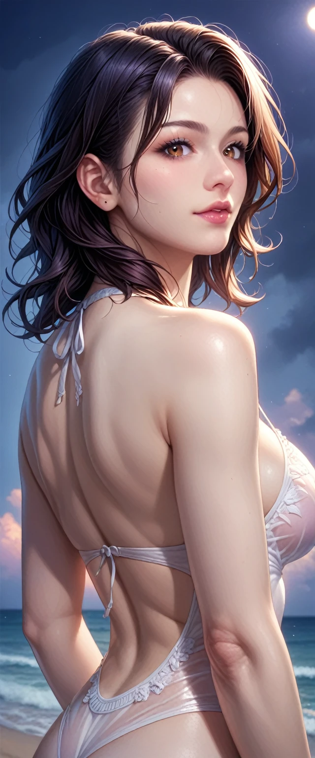 score_9, score_8_superior, score_7_superior, High resolution 3D anime style,A masterpiece in 32K resolution,Highest quality,it is really amazing,Very detailed,Ultra-high resolution,Ultra-realistic,Realistic,Increased depth of field,Cinematic lighting,
(Sexy mature Japan woman:1.2),
(black straight medium hair:1.1),(Ultra-detailed and beautiful face:1.1),(Calm and gentle look:1.1),Beautiful brown eyes,Translucent white skin,Realistic skin texture,Great proportions,
Elegant swimwear,
Summery design,Chic color scheme,Beautiful and delicate decoration,Detailed fabric texture,
(Dark overcast sky on a dull night:1.1),(Dark clouds filling the sky:1),(Thundercloud:1),Coastline at night,Stormy seas,(delay々A desolate sandy beach that continues:1),
dramatic,(Beautiful back view:1.2),