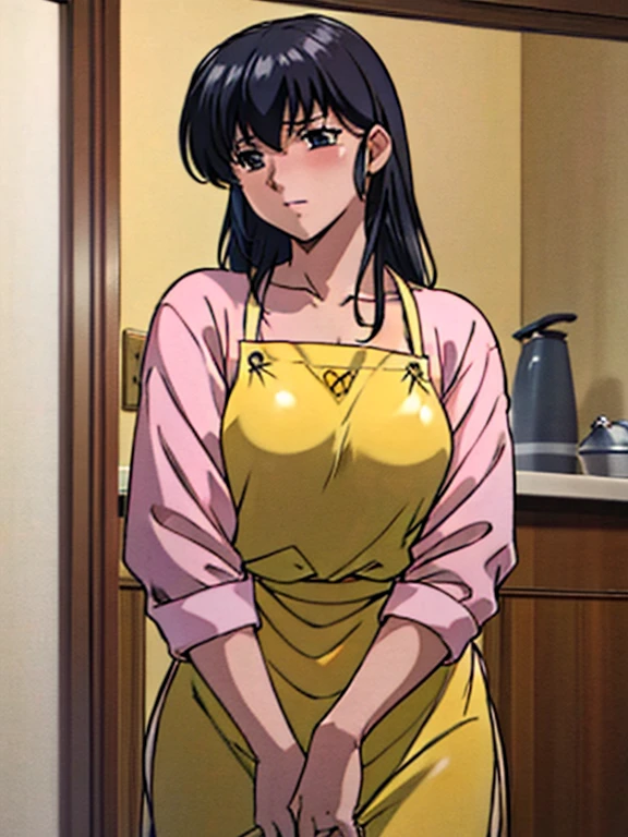 high resolution、4K、entrance、((Pink sweatshirt))、Black Hair、(((Yellow apron)))