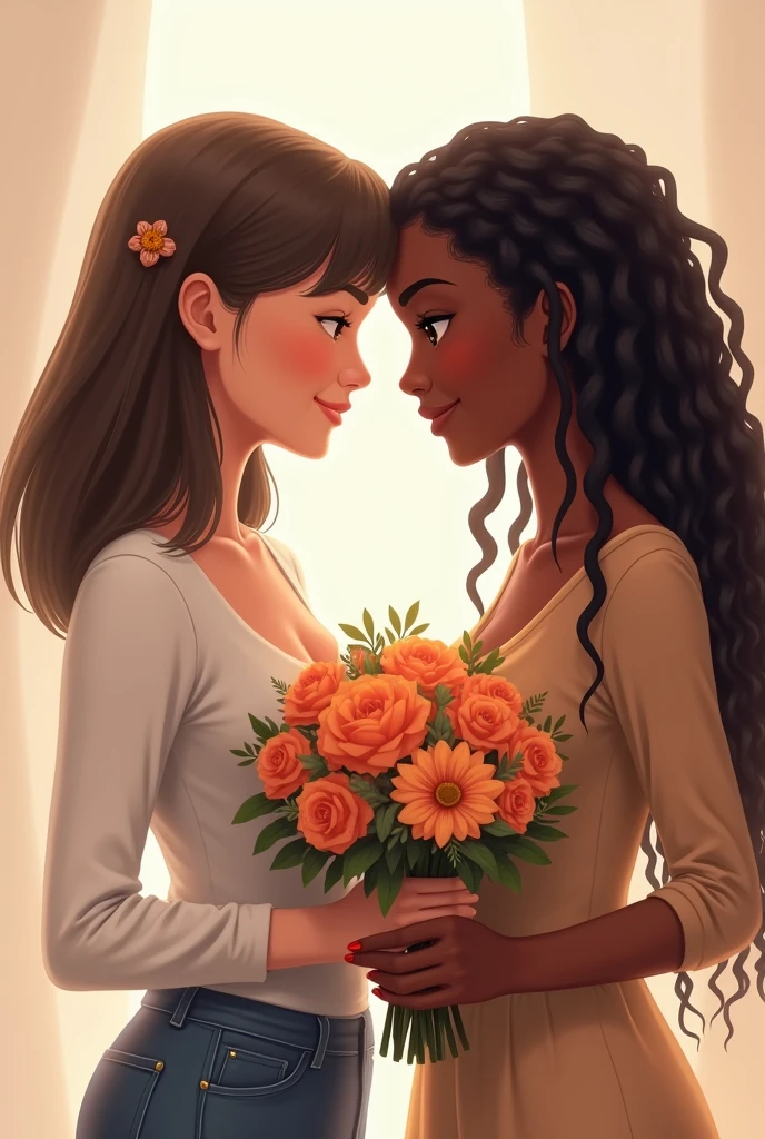 Image of a white woman with straight hair and a lesbian, giving a bouquet of flowers to a black woman, loose braid hair toad