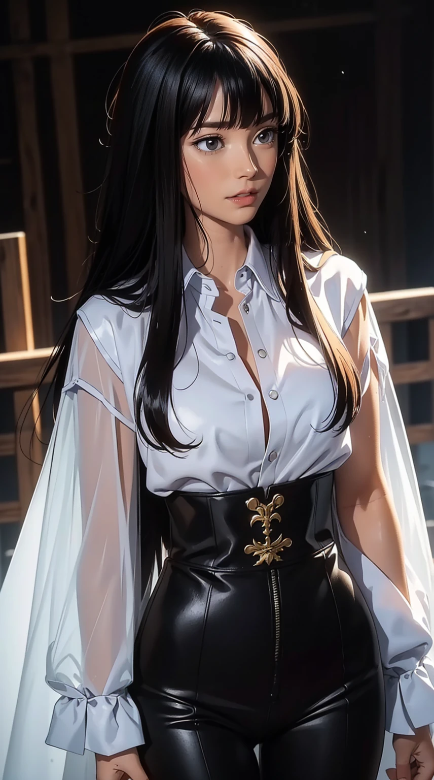 solo, (humble renaissance dress:1.0), ((masterpiece)),((high resolution)),((best quality)), extremely fine and beautiful, super fine illustration, (realistic skin), (insanely detailed anime eyes), milf, vivid and beautiful, shocking sensation, incredibly detailed, beautiful detailed girl, supple breasts, front view, facing at viewer, black hair, (elf), medium long elf ears, covered, ((black hair)), (very long hair), profile, small plump breasts, plump thighs, wide hips, movie lighting, perfect shadow, realistic lighting shaded