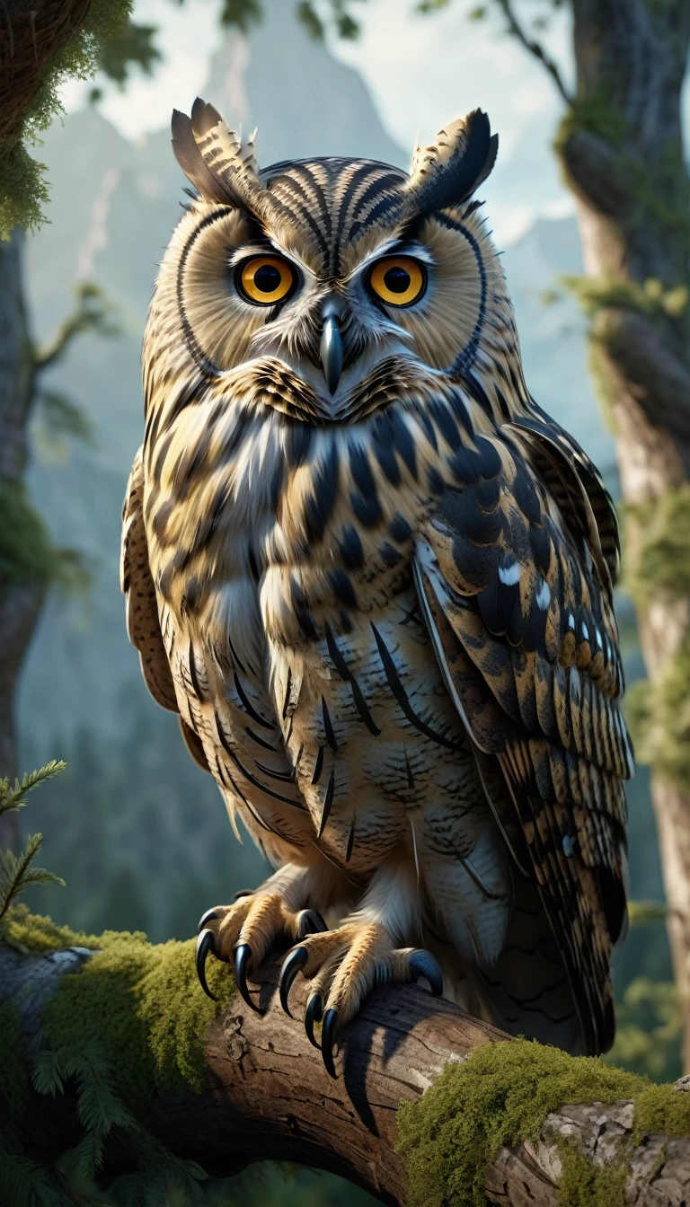 a detailed fantasy landscape, a forest with towering mountains, a large mysterious owl with human-like face and piercing eyes perched on a tree branch, extremely detailed animal features, intricate patterns across its feathers, realistic natural lighting, (best quality,4k,8k,highres,masterpiece:1.2),ultra-detailed,(realistic,photorealistic,photo-realistic:1.37),highly detailed animal,complex patterns,realistic lighting