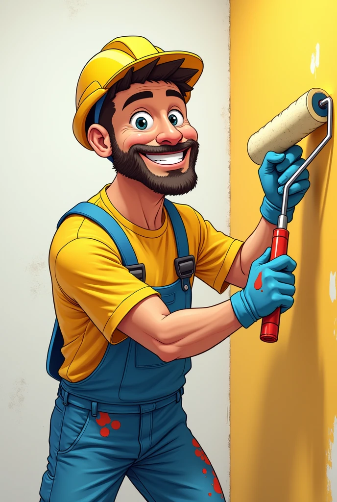 Brazilian man painting wall with roller and PPE, with paint-stained clothes and smiling in cartoon style