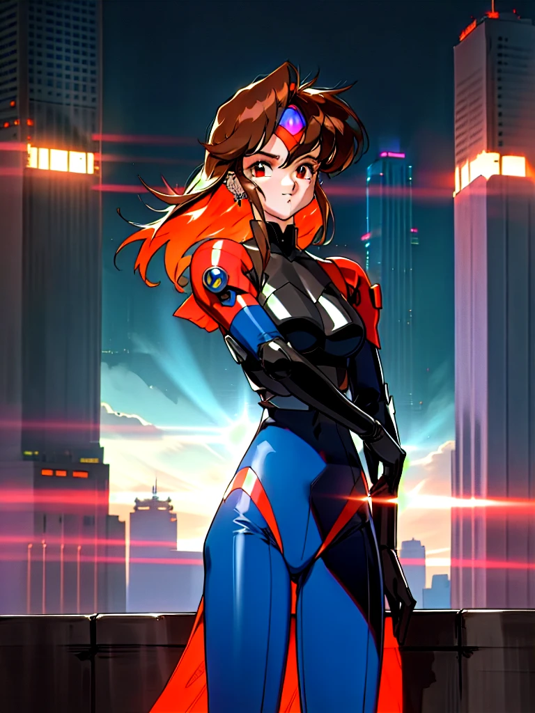 Kenichi Sonoda, retro art-style, 90s Japanese Anime Style, "bubblegum crisis", Sci-fi, Cyberpunk, Neon, Dystopia, (Amid the neon-soaked skyline of towering skyscrapers in mega Tokyo, 20-year-old anime beauty Pris stands alone on a gleaming skyscraper spire, bathed in the dazzling glow of the full moon. Her striking features are accentuated by a dark blue metal hard suit adorned with vibrant orange lines inspired by Syd Mead's industrial machine designs. Her brown medium-length hair frames her piercing gaze while she flashes a confident smile at the viewer. With fearless determination etched on her face, Pris is imposing and her entire presence exudes an aura of cool, stylish elegance. The smooth curves of her shadow, backlit by the moon, create a captivating silhouette, showcasing her unparalleled charm. A beauty under the watchful eye of the city's towering skyscrapers.), 1girl, solo, The main character, "Priss", 20yo, anime beauty, Cool beauty, Unparalleled beauty, Brown medium length hair, red eyes, Cold and sharp eyes, harsh brushstrokes, dramatic lighting, A dark blue metal hard suit with orange lines has a sophisticated design, fearless look, an expression of ridicule, smile, Standing alone in the backlight, she looks cool and stylish, Standing, looking at viewer, close-up photography of upper body, bust shot, Depth of field, character focus, (masterpiece, anime cg, official art, work of art, Award-winning work, extreme quality, ultra high definition, all intricate, overall detailed, finely detailed, super detailed, very aesthetic, boast pompously, focus on entire screen, asymmetrical, raytraced, caustics, textile shading, incredibly absurd resolution, absolutely resolution, ultra high resolution, professional, vivid colors, perfect anatomy, ideal facial features, Beautifully detailed face, Beautifully detailed eyes, ideally proportioned figure, perfectly beautiful body),
