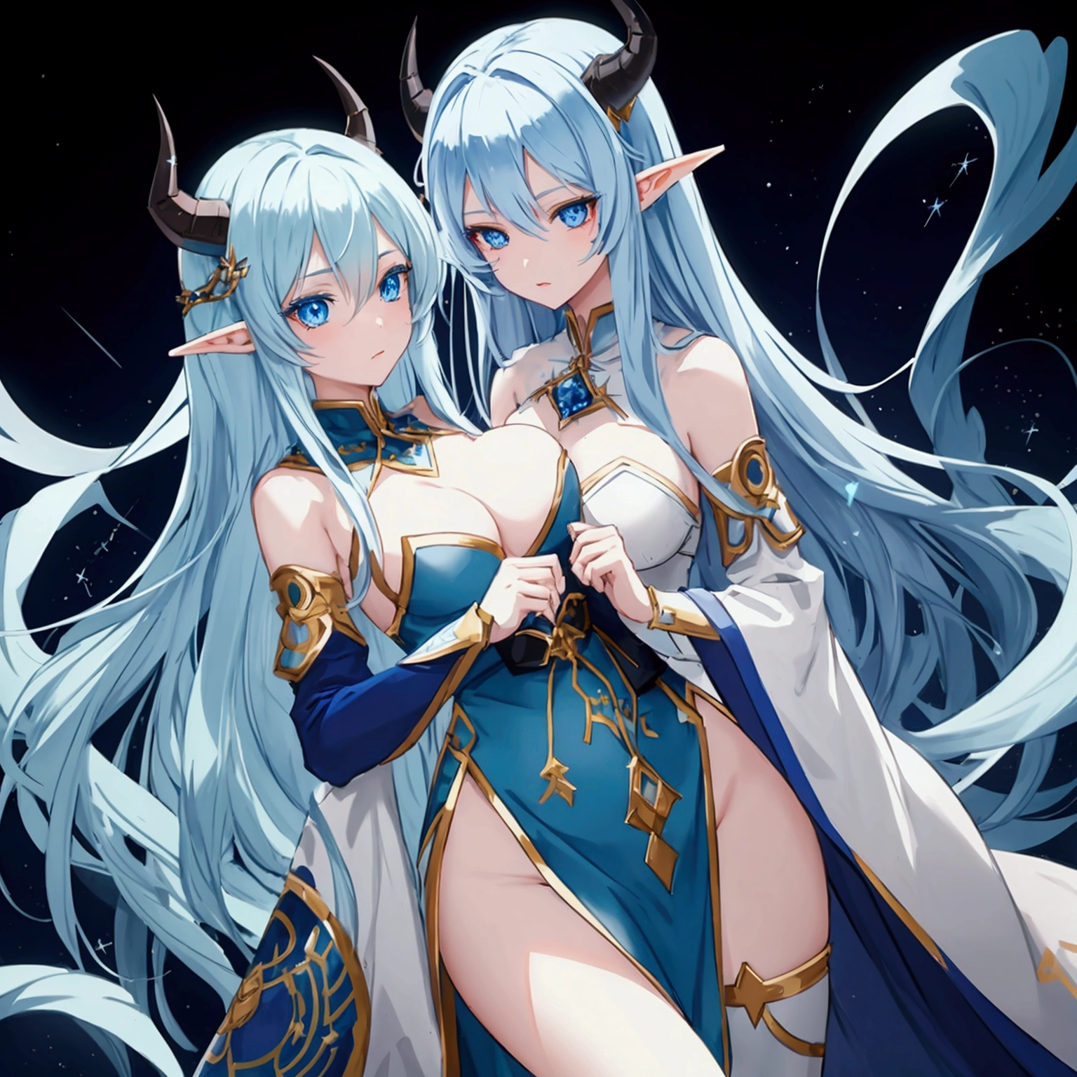 create a beautiful anime girl . light blue eyes , long blue hair , is raiding dark blue dragon , sparkling skin , beautiful colors, sharp 8k remove the horns and keep the elf ears add . change the cloths into see throw cloths
