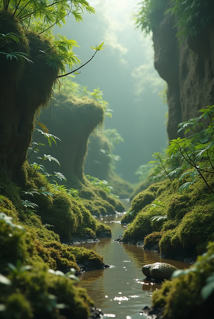 Primitive plants and animals adapting to the terrestrial environment.