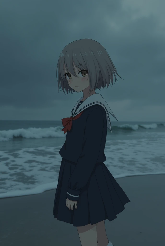 Highest quality、High resolution、Detailed Background、(Beautiful face in every detail:1.4)、Anatomically correct、Highly detailed face、Detailed eyes、Teenage beauty、(Huge breasts:1.2)、Perfect body line、Light color hair、Bobcut、ponytail、Wavy Hairstyle、well-groomed eyebrows、Shiny navy blue sailor suit、White sailor collar、Navy blue pleated skirt、School Cardigan、White Stockings、A melancholy atmosphere、
The seaside covered in a dark grey sky、My hair swaying in the wind、It highlights the girl's lonely expression.、The figure of a girl walking slowly alone on the beach seems to symbolize the loneliness of autumn.、
While being blown by the sea breeze、There seems to be a sadness in the eyes of the girl as she silently gazes into the distance.、The back of the girl standing facing the sea seems to speak of loneliness and solitude.、Girl sitting on the beach、The sight of her curled up, hugging her knees, makes me feel like she is carrying a heavy burden inside her.、The tears that occasionally run down my cheeks seem to symbolize the loneliness of autumn.、The girl's gloomy expression stands out in a landscape dominated by cool colors.、The sight of a girl standing quietly alone awakens the loneliness of autumn deep in our hearts.、The inner loneliness of the girl reflected in the autumn sea slowly seeps into the viewer's heart.