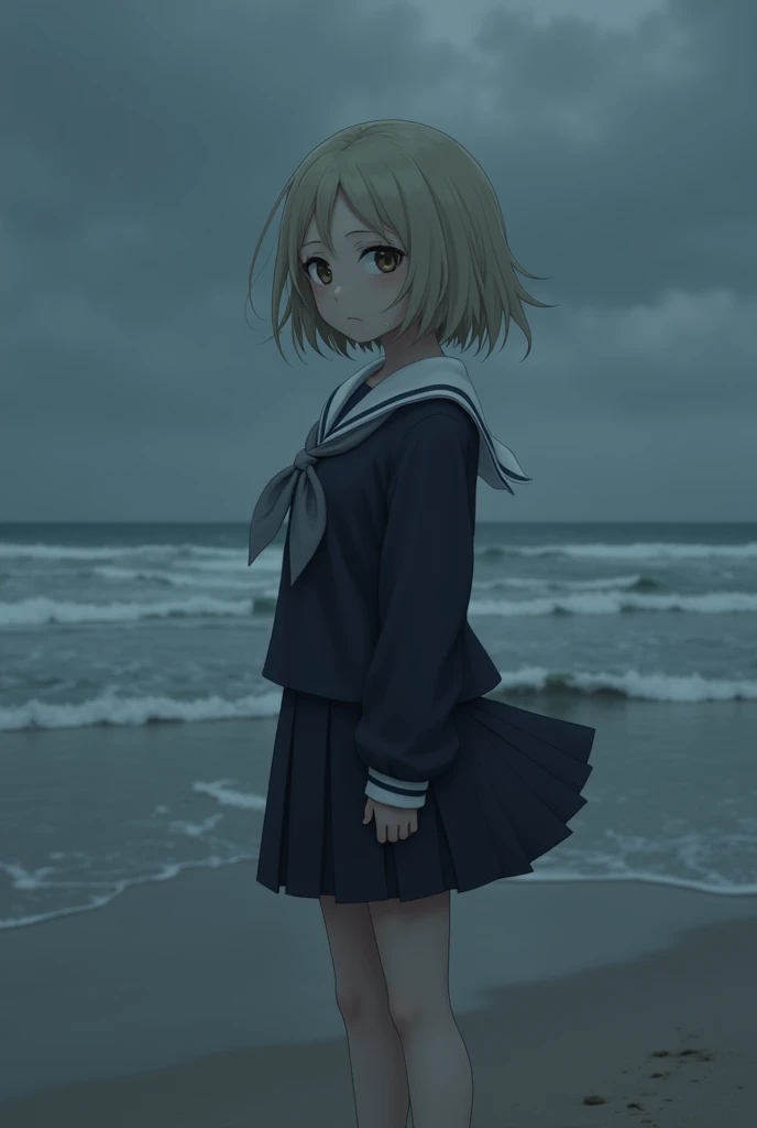 Highest quality、High resolution、Detailed Background、(Beautiful face in every detail:1.4)、Anatomically correct、Highly detailed face、Detailed eyes、Teenage beauty、(Huge breasts:1.2)、Perfect body line、Light color hair、Bobcut、ponytail、Wavy Hairstyle、well-groomed eyebrows、Shiny navy blue sailor suit、White sailor collar、Navy blue pleated skirt、School Cardigan、White Stockings、A melancholy atmosphere、
The seaside covered in a dark grey sky、My hair swaying in the wind、It highlights the girl&#39;s lonely expression.、The figure of a girl walking slowly alone on the beach seems to symbolize the loneliness of autumn.、
While being blown by the sea breeze、There seems to be a sadness in the eyes of the girl as she silently gazes into the distance.、The back of the girl standing facing the sea seems to speak of loneliness and solitude.、Girl sitting on the beach、The sight of her curled up, hugging her knees, makes me feel like she is carrying a heavy burden inside her.、The tears that occasionally run down my cheeks seem to symbolize the loneliness of autumn.、The girl&#39;s gloomy expression stands out in a landscape dominated by cool colors.、The sight of a girl standing quietly alone awakens the loneliness of autumn deep in our hearts.、The inner loneliness of the girl reflected in the autumn sea slowly seeps into the viewer&#39;s heart.