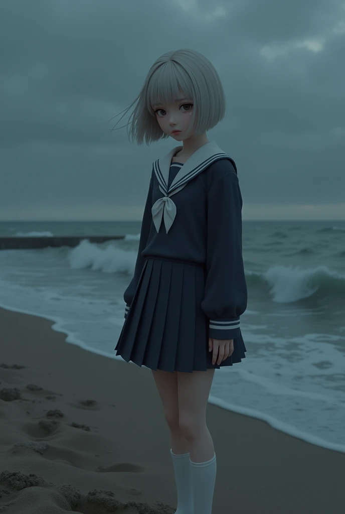 Highest quality、High resolution、Detailed Background、(Beautiful face in every detail:1.4)、Anatomically correct、Highly detailed face、Detailed eyes、Teenage beauty、(Huge breasts:1.2)、Perfect body line、Light color hair、Bobcut、ponytail、Wavy Hairstyle、well-groomed eyebrows、Shiny navy blue sailor suit、White sailor collar、Navy blue pleated skirt、School Cardigan、White Stockings、A melancholy atmosphere、
The seaside covered in a dark grey sky、My hair swaying in the wind、It highlights the girl&#39;s lonely expression.、The figure of a girl walking slowly alone on the beach seems to symbolize the loneliness of autumn.、
While being blown by the sea breeze、There seems to be a sadness in the eyes of the girl as she silently gazes into the distance.、The back of the girl standing facing the sea seems to speak of loneliness and solitude.、Girl sitting on the beach、The sight of her curled up, hugging her knees, makes me feel like she is carrying a heavy burden inside her.、The tears that occasionally run down my cheeks seem to symbolize the loneliness of autumn.、The girl&#39;s gloomy expression stands out in a landscape dominated by cool colors.、The sight of a girl standing quietly alone awakens the loneliness of autumn deep in our hearts.、The inner loneliness of the girl reflected in the autumn sea slowly seeps into the viewer&#39;s heart.