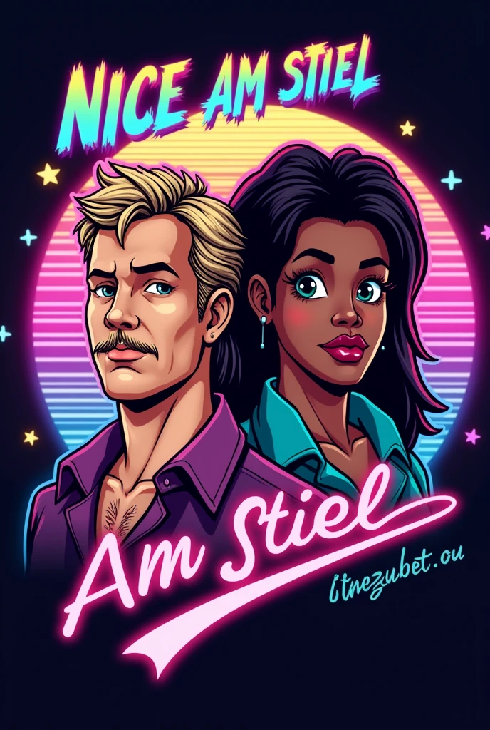I need a significant logo for a YouTube channel which contains topics like movies, action figures, cosplays, video games and pop culture. the name of channel is NICE AM STIEL which is a german pun for a popsicle which means EIS AM STIEL in german. please visualize a proper logo with the likeness of a popsicle and everything I mentioned in the description. Be sure that the logo looks like two 80's characters like the main protagonists from MIAMI VICE - made them out of popsicle, one Man has a mustache, a Mullet and a light skin tone and the other Man has slightly longer black hair and a brown skin tone but most importantly the Logo as to feature the name NICE AM STIEL put the Names "Randy Paradise & Corey Walkman" above that characters