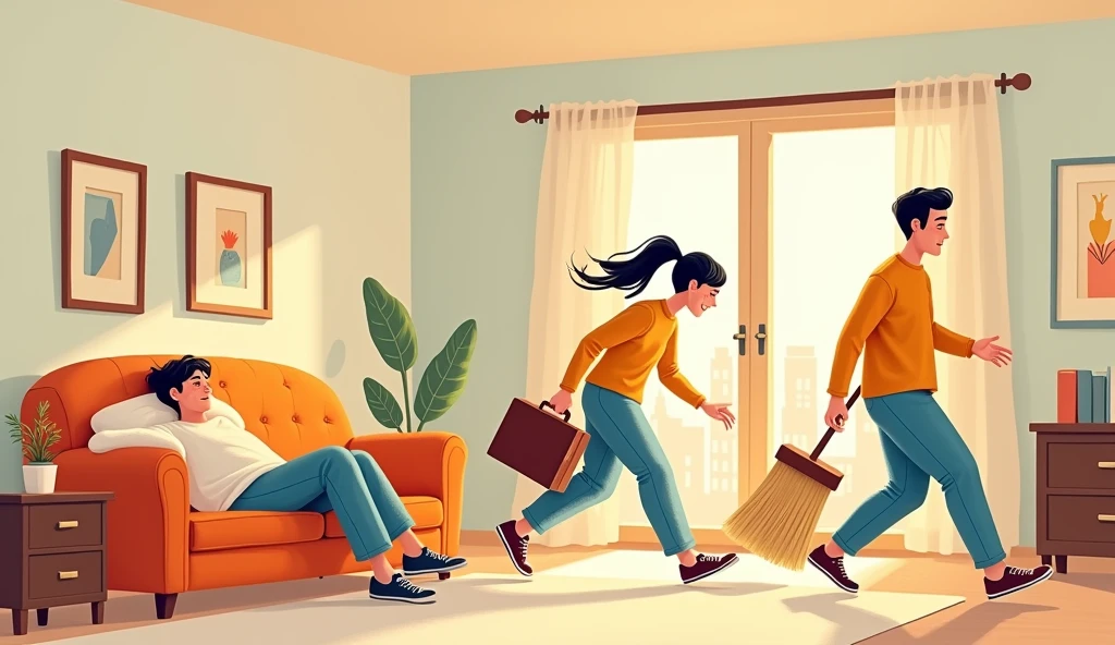3 PEOPLE IN A ROOM, A SLEEP ON THE SOFA, ANOTHER ONE LEAVING WITH A SUITCASE, AND THE OTHER ONE SWEEPING CARTOON