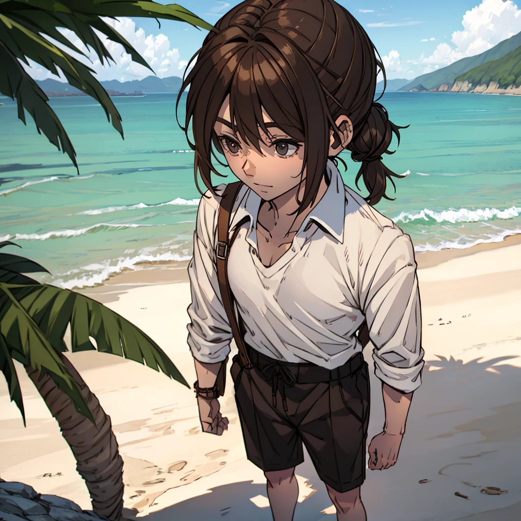 A beach man with a shirt, brown hair tied up, fully body