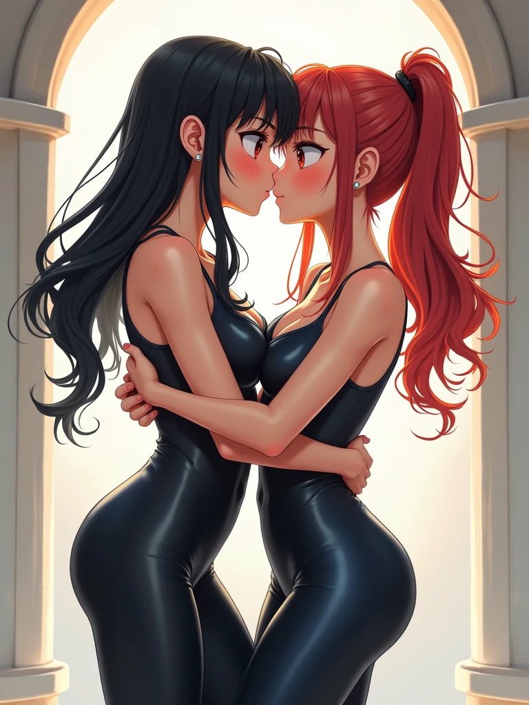 girls in leggins latex anime kisiing