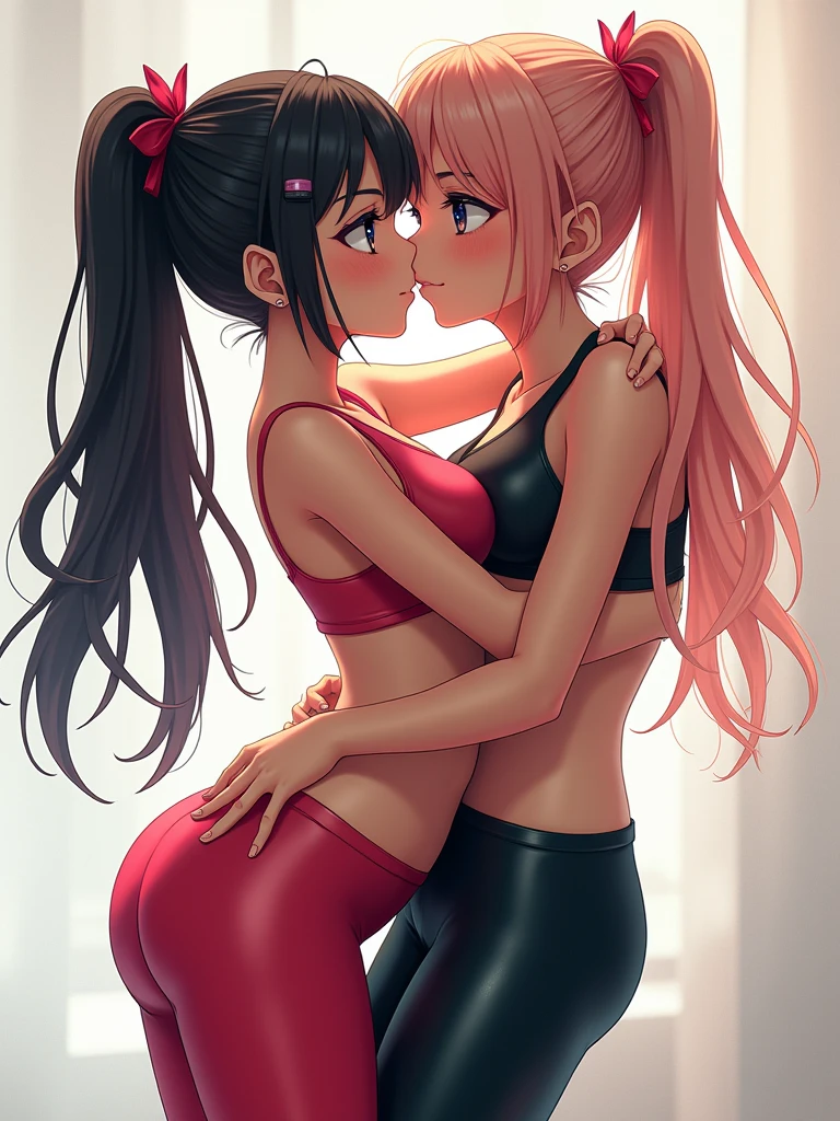 2 girls, double ponytails, teen, tiny ass, schoolgirls pink, plaids, long hair pink, pink eyes, small waist, skinny, realistic, best quality, touching, holding boobs, breast in hand, top less, naked boobs, kissing, mom and daughter, love, tongue,